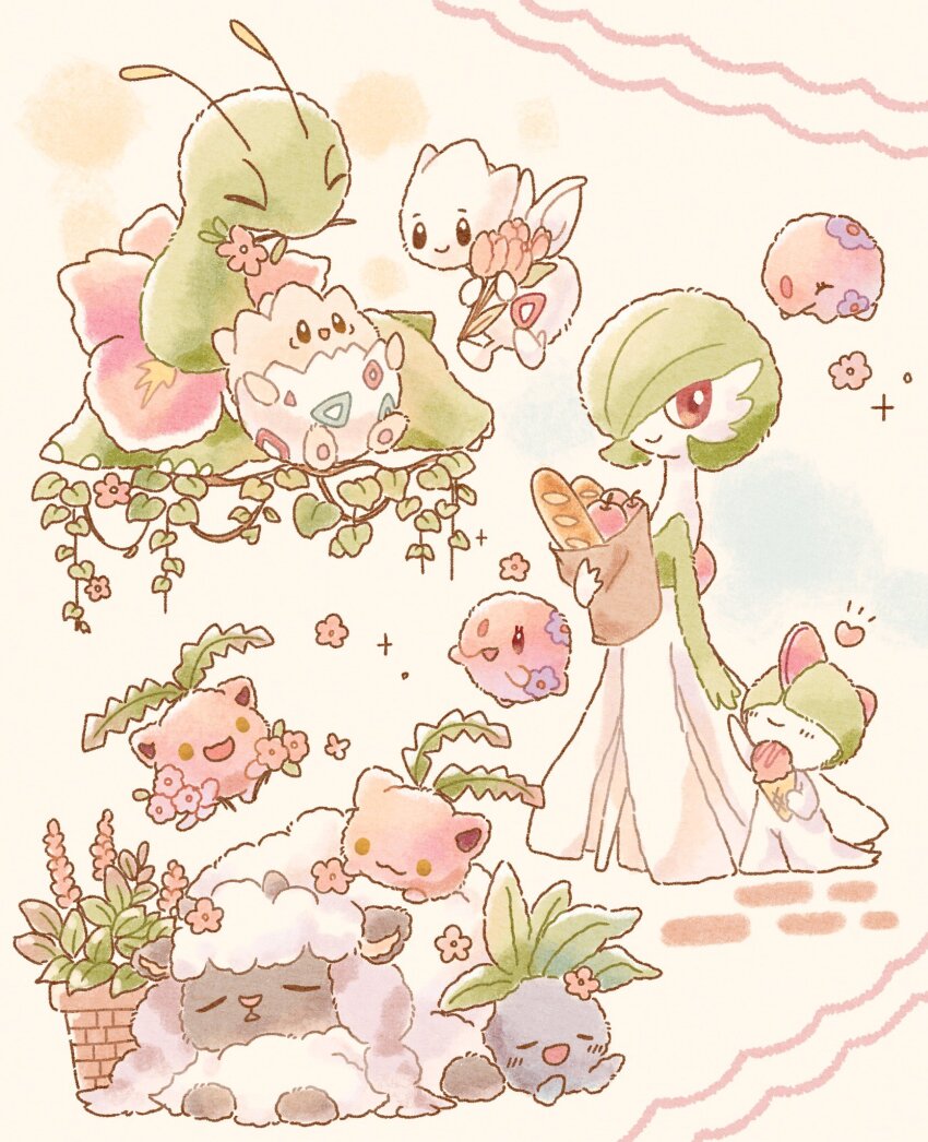 antennae apple bag blush bread closed_mouth dress flower food fruit gardevoir gen_1_pokemon gen_2_pokemon gen_3_pokemon gen_5_pokemon gen_8_pokemon green_hair highres holding hoppip ice_cream leaf meganium mofucoffee munna nintendo oddish open_mouth pokemon pokemon_(creature) ralts rose sheep sidelocks sitting smile togepi togetic walking white_hair wings wooloo yellow_eyes