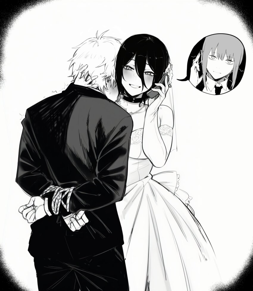 2girls absurdres arms_behind_back black_hair breasts calling chainsaw_man choker denji_(chainsaw_man) greyscale hair_between_eyes hand_to_own_mouth highres makima_(chainsaw_man) masoq monochrome multiple_girls phone reze_(chainsaw_man) speech_bubble talking