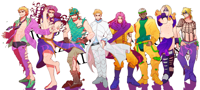 6+boys barefoot birthmark blonde_hair blue_eyes blush boots closed_eyes collar cosplay costume_switch cowboy_boots dark-skinned_male dark_skin diavolo diego_brando dio_brando double_chin dual_persona earrings embarrassed enrico_pucci fangs fat fat_man fishnets formal_clothes funny_valentine green_eyes grey_hair hat headband highres horns jacket jewelry joestar_birthmark jojo_no_kimyou_na_bouken jojo_pose kars_(jojo) kira_yoshikage knee_pads loincloth long_coat multiple_boys necktie oversized_clothes pink_hair pointy_footwear purple_hair red_eyes scarf shadow shimura_(yoshikatu) shoes simple_background spurs steel_ball_run suit sweat tattoo torn_clothes undersized_clothes wristband