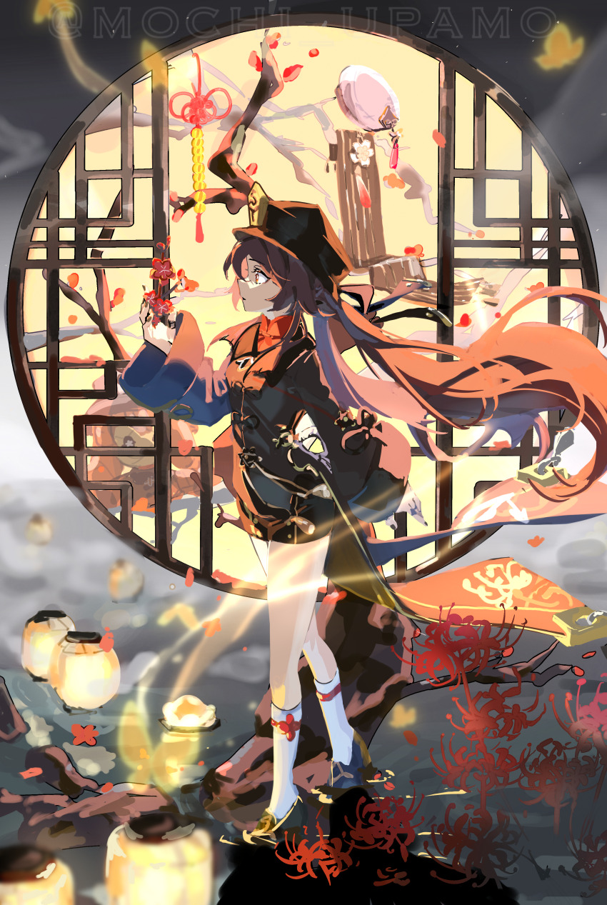 1girl absurdres black_nails brown_hair chinese_clothes chinese_knot coattails collared_coat commentary commentary_typo flower flower-shaped_pupils genshin_impact hair_between_eyes hat hat_flower hat_tassel highres hu_tao_(genshin_impact) jewelry lantern lattice long_hair long_sleeves mochi_upamo multiple_rings open_mouth plum_blossoms porkpie_hat red_eyes red_flower red_shirt ring shirt shorts solo spider_lily symbol-shaped_pupils tailcoat tassel twintails very_long_hair watermark window