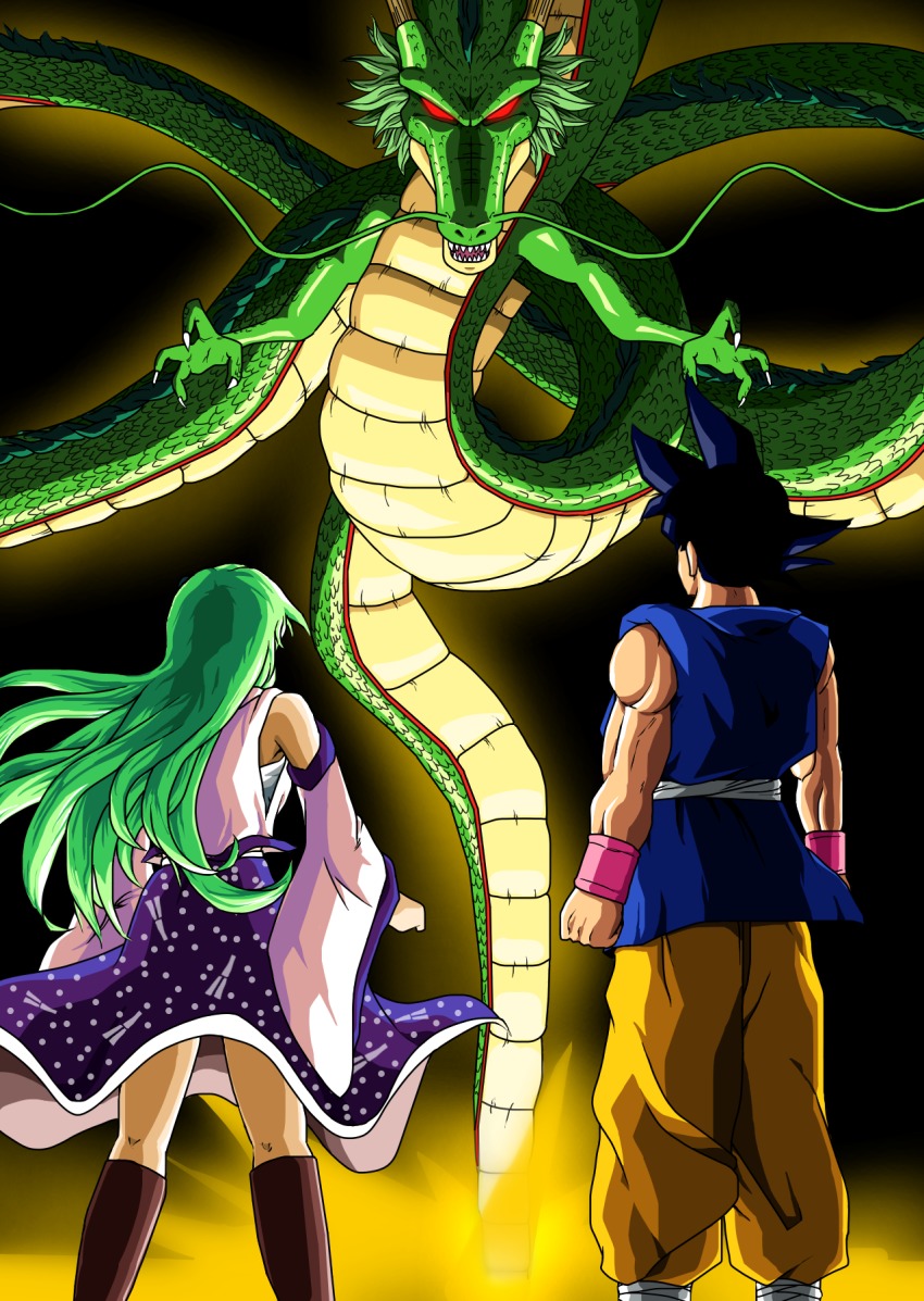 1boy 1girl crossover dragon dragon_ball dragonball_z green_hair highres japanese_clothes kaiteki_(gk428425) kochiya_sanae miko shenron son_goku touhou