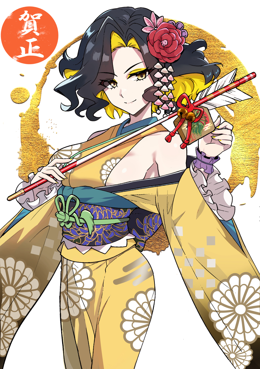 1girl absurdres armpits arrow_(projectile) autoscorer bell black_hair blonde_hair breasts charm_(object) closed_mouth colored_inner_hair ema flower from_side hair_flower hair_ornament hair_over_one_eye happy_new_year highres holding holding_arrow japanese_clothes jingle_bell kimono large_breasts leiur_darahim looking_at_viewer makeup multicolored_hair nail_polish new_year obi omamori pikumin64 purple_wrist_cuffs sash senki_zesshou_symphogear short_hair sideboob smile solo wrist_cuffs yellow_kimono