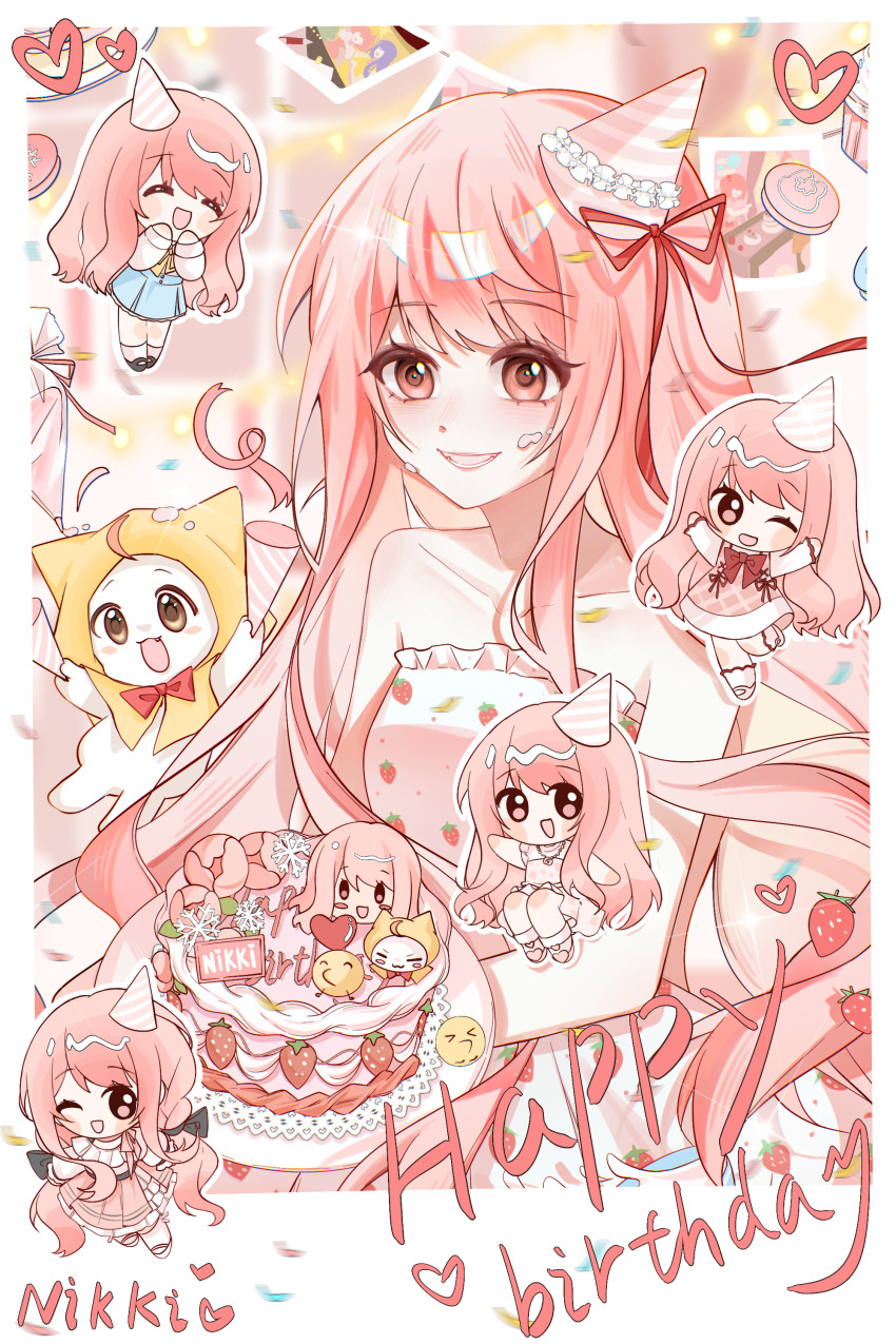 5girls ^_^ absurdly_long_hair absurdres animal ankle_socks argyle_clothes argyle_dress arms_up bare_arms bare_shoulders belt birthday birthday_cake black_belt black_bow black_shoes bloom_poetry_(shining_nikki) blue_skirt border bow bow_choker bow_legwear bowtie brown_eyes cake cat character_name chibi choker cloak closed_eyes clothed_animal collarbone confetti cowboy_shot cross-laced_clothes cross-laced_dress crumbs dot_nose dress dress_ribbon ear_covers eyelashes flower flower_necklace food food_print frilled_dress frilled_shirt frilled_skirt frills fruit fruit_print hair_bow hand_up hands_on_own_chin happy_birthday hat hat_ribbon head_tilt heart high-waist_skirt highres holding holding_plate hood hood_up hooded_cloak indoors infinity_nikki jewelry jianuannuannuan kneehighs layered_skirt light_blush long_hair long_sidelocks long_sleeves looking_ahead low_twintails mary_janes medium_dress medium_skirt miniskirt miracle_nikki momo_(nikki) multiple_girls necklace nikki_(nikki) nikki_(series) nikki_up2u nikki_up2u2:_world_traveller one_eye_closed open_mouth outline outside_border party_hat perfect_start_(infinity_nikki) photo_(object) pinafore_dress pink_bow pink_bowtie pink_choker pink_dress pink_flower pink_hair pink_hat pink_shoes pink_skirt plate pleated_skirt puffy_long_sleeves puffy_sleeves red_bow red_bowtie red_ribbon ribbon shining_nikki shirt shoes short_dress sidelocks sitting skirt sleeve_cuffs sleeveless sleeveless_dress sleeves_past_wrists smile socks strapless strapless_dress strawberry strawberry_print striped_hat tile_floor tiles traditional_bowtie turtleneck turtleneck_shirt twintails very_long_hair wavy_hair white_border white_cat white_dress white_outline white_shirt white_shoes white_skirt white_socks yellow_bow yellow_bowtie yellow_cloak yoyo_(miracle_nikki)