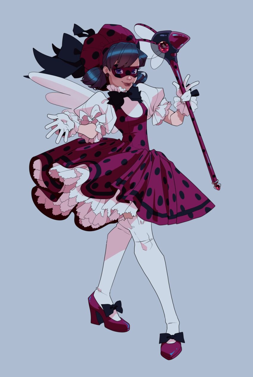 1girl black_bow black_bowtie black_hair blue_hair bow bowtie cardcaptor_sakura colette_(lettiebobettie) commentary cosplay dress english_commentary eye_mask footwear_bow frilled_dress frills full_body gloves hat highres holding holding_wand kinomoto_sakura kinomoto_sakura_(cosplay) kinomoto_sakura_(magician) ladybug_(character) looking_at_viewer magical_girl marinette_dupain-cheng miraculous_ladybug puffy_short_sleeves puffy_sleeves red_dress red_shoes shoes short_sleeves simple_background smile solo swept_bangs thighhighs wand white_gloves white_thighhighs
