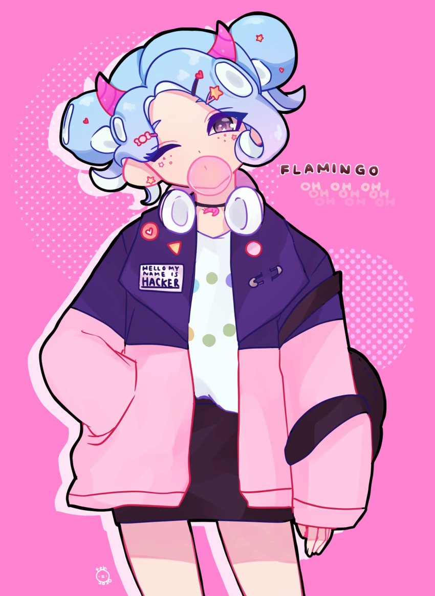 1girl blue_hair freckles grey_eyes hackerling head_tilt highres horns indie_virtual_youtuber looking_at_viewer marking_on_cheek one_eye_closed pale_skin pink_background pointy_ears solo star_(symbol) tehnyo virtual_youtuber