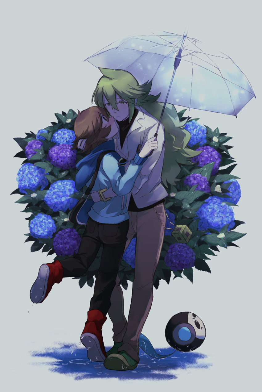 2boys bag bangle black_pants blue_jacket blush bracelet brown_hair brown_pants collared_shirt commentary_request flower gen_5_pokemon green_footwear green_hair height_difference highres hilbert_(pokemon) holding holding_umbrella hood hood_down hooded_jacket hydrangea jacket jewelry long_hair male_focus multiple_boys n_(pokemon) nintendo pants pokemon pokemon_(creature) pokemon_bw red_footwear shirt shoes shoulder_bag standing tarai_(yamadarairai) tympole umbrella undershirt white_shirt yaoi