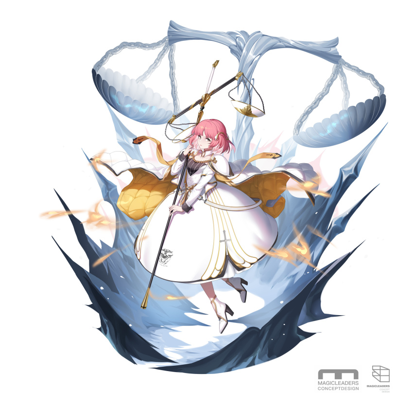 1girl balance_scale boots braid breasts brown_eyes cape cartonbox_(zhixiang_zhi) chinese_commentary closed_mouth commentary_request concept_art copyright_name cross dated_commentary dress full_body gold_trim hair_ornament high_heel_boots high_heels highres holding holding_scale long_sleeves looking_at_viewer looking_to_the_side magicleaders pink_hair short_hair shoulder_pads simple_background small_breasts solo swept_bangs weighing_scale white_background white_boots white_cape white_dress