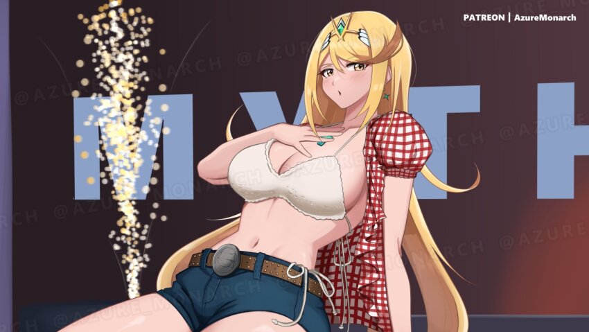 1girl azure_monarch blonde_hair blue_shorts bra breasts chest_jewel core_crystal_(xenoblade) cosplay denim denim_shorts earrings jewelry kwon_eun-bi kwon_eun-bi_(cosplay) large_breasts long_hair mythra_(xenoblade) open_clothes open_shirt panties real_life red_shirt shirt short_shorts shorts side-tie_panties solo tiara underwear white_bra white_panties white_shirt xenoblade_chronicles_(series) xenoblade_chronicles_2 yellow_eyes