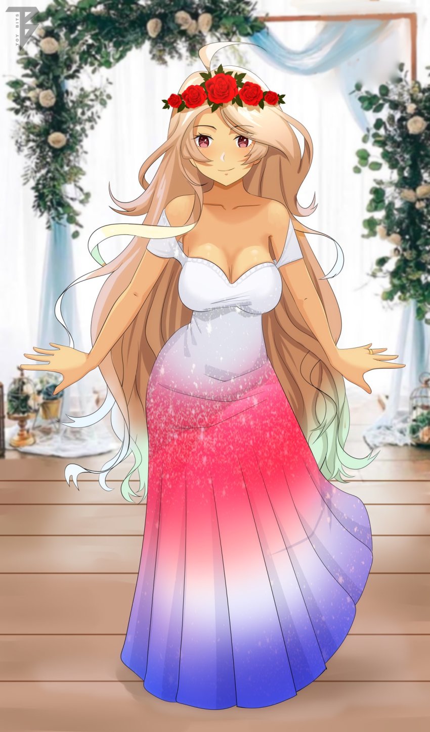 1girl ahoge alternate_costume azur_lane bare_shoulders blonde_hair breasts brooklyn_(azur_lane) closed_mouth commission dress full_body head_wreath highres jewelry long_hair medium_breasts multicolored_dress red_eyes ring second-party_source smile solo toy_bits wedding_band