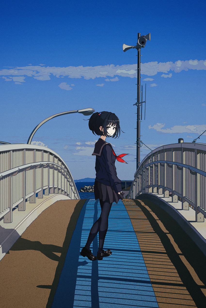 1girl absurdres amemori_sayo black_hair black_pantyhose black_sailor_collar black_serafuku black_shirt black_shoes black_skirt bridge closed_mouth expressionless from_side green_eyes highres looking_at_viewer nijisanji nkymyura ocean pantyhose ponytail red_ribbon ribbon sailor_collar school_uniform serafuku shirt shoes short_hair sidelocks skirt sleeves_past_wrists solo virtual_youtuber
