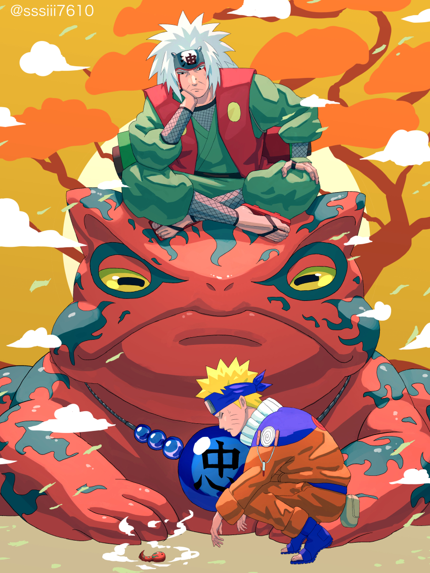 2boys absurdres blonde_hair closed_eyes facial_mark forehead_protector gamabunta_(naruto) highres japanese_clothes jiraiya_(naruto) long_hair manda_(naruto) multiple_boys naruto_(classic) naruto_(series) short_hair spiked_hair sssiii7610 tadpole toad_(animal) toeless_footwear uzumaki_naruto whisker_markings white_hair