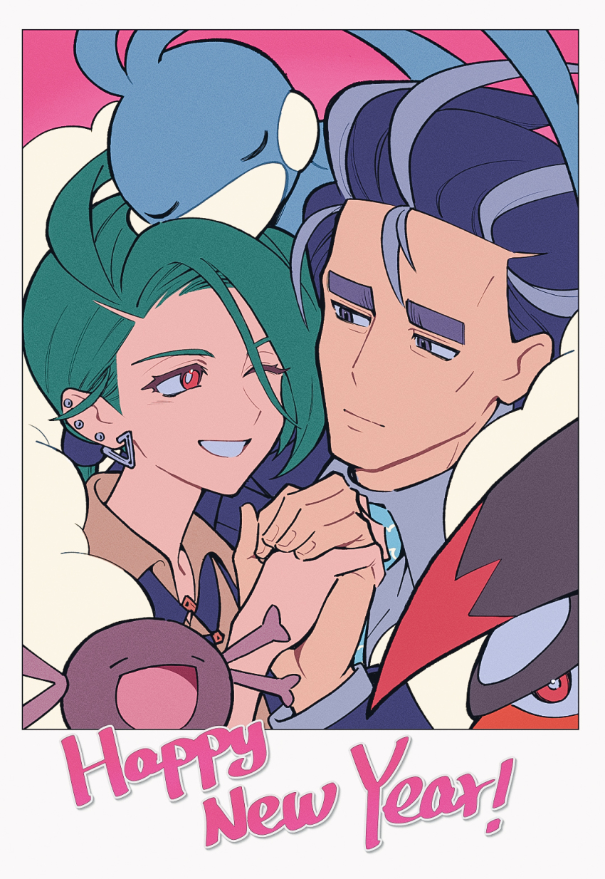1boy 1girl altaria black_hair black_suit blue_necktie closed_eyes commentary creatures_(company) ear_piercing earrings english_commentary english_text formal_clothes game_freak gen_3_pokemon gen_4_pokemon green_hair grey_hair greyscale happy_new_year highres holding_hands interlocked_fingers jewelry larry_(pokemon) low_ponytail monochrome multicolored_hair necktie new_year nicca_(nicca11y) nintendo one_eye_closed open_mouth paldean_wooper piercing pokemon pokemon_(creature) pokemon_sv ponytail red_eyes rika_(pokemon) smile staraptor streaked_hair suit thick_eyebrows two-tone_hair