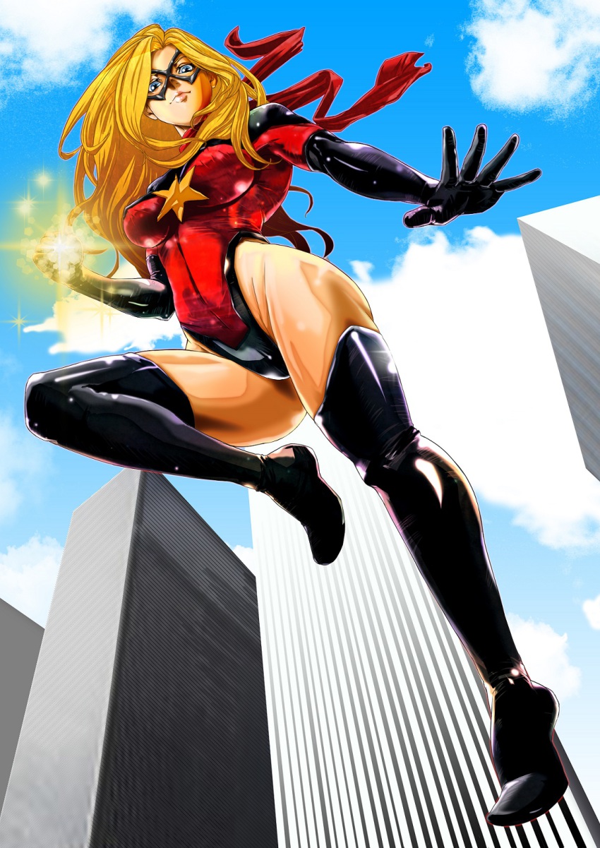 1girl black_thighhighs blonde_hair blue_eyes boots breasts building day female_focus freeride-art gloves groin highres karla_sofen large_breasts leotard lips long_hair looking_down marvel mask midair moonstone_(marvel) ms._marvel ms._marvel_(series) sky solo thigh_boots thighhighs thighs