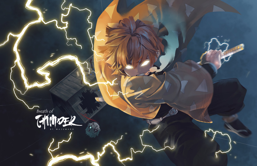 2boys agatsuma_zenitsu belt black_footwear black_pants blonde_hair blood box english_text glowing glowing_eyes gradient_hair haori highres holding holding_sword holding_weapon japanese_clothes katana kimetsu_no_yaiba mazumaro multicolored_hair multiple_boys pants sword teeth triangle_print weapon white_belt