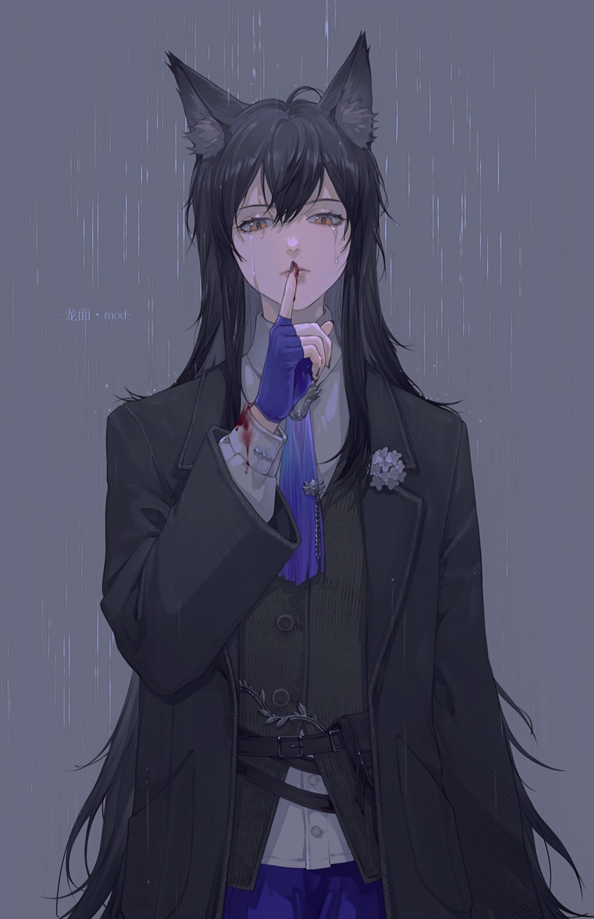 1girl absurdres arknights black_hair black_jacket black_vest blood blood_on_clothes blood_on_hands blue_gloves blue_shorts commentary_request crying crying_with_eyes_open finger_to_mouth fingerless_gloves flower gloves grey_background hair_between_eyes highres jacket long_hair long_sleeves longmianbushilongxumian looking_at_viewer open_clothes open_jacket orange_eyes puffy_long_sleeves puffy_sleeves rain shirt shorts shushing simple_background solo tears texas_(arknights) texas_the_omertosa_(arknights) very_long_hair vest white_flower white_shirt
