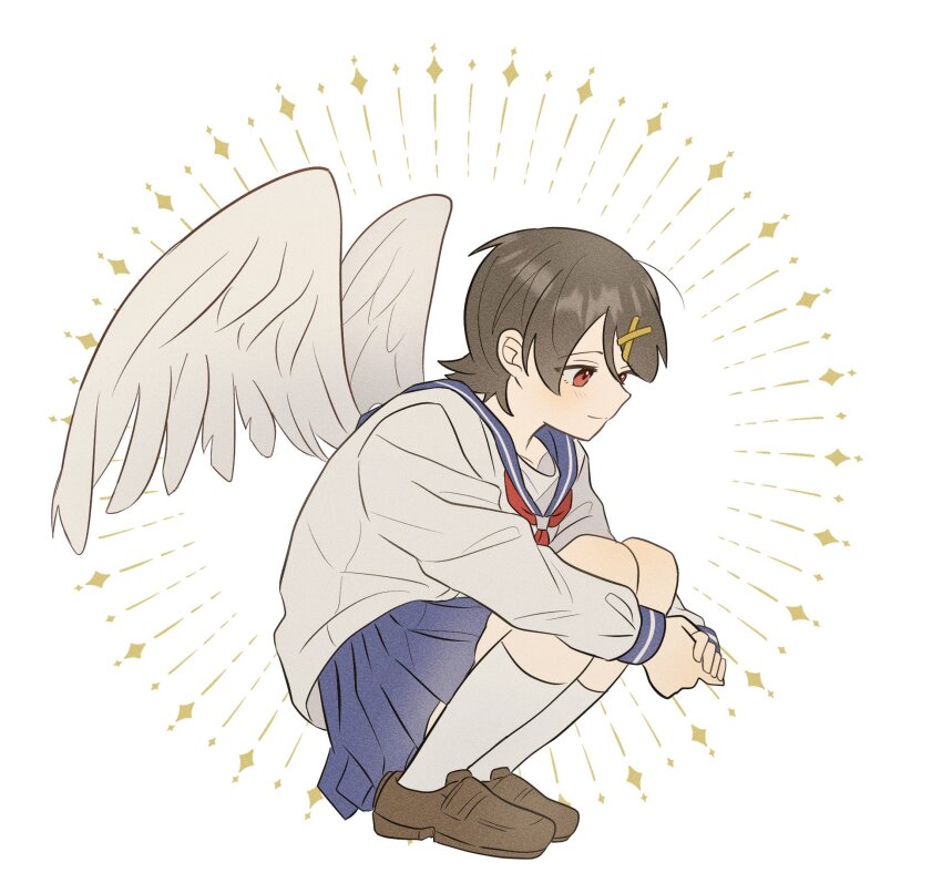 1girl angel_wings blue_skirt brown_hair from_side fuura_kafuka hair_ornament hakuuyori highres neckerchief red_eyes red_neckerchief sayonara_zetsubou_sensei school_uniform shirt skirt smile solo squatting white_background white_shirt white_wings wings x_hair_ornament