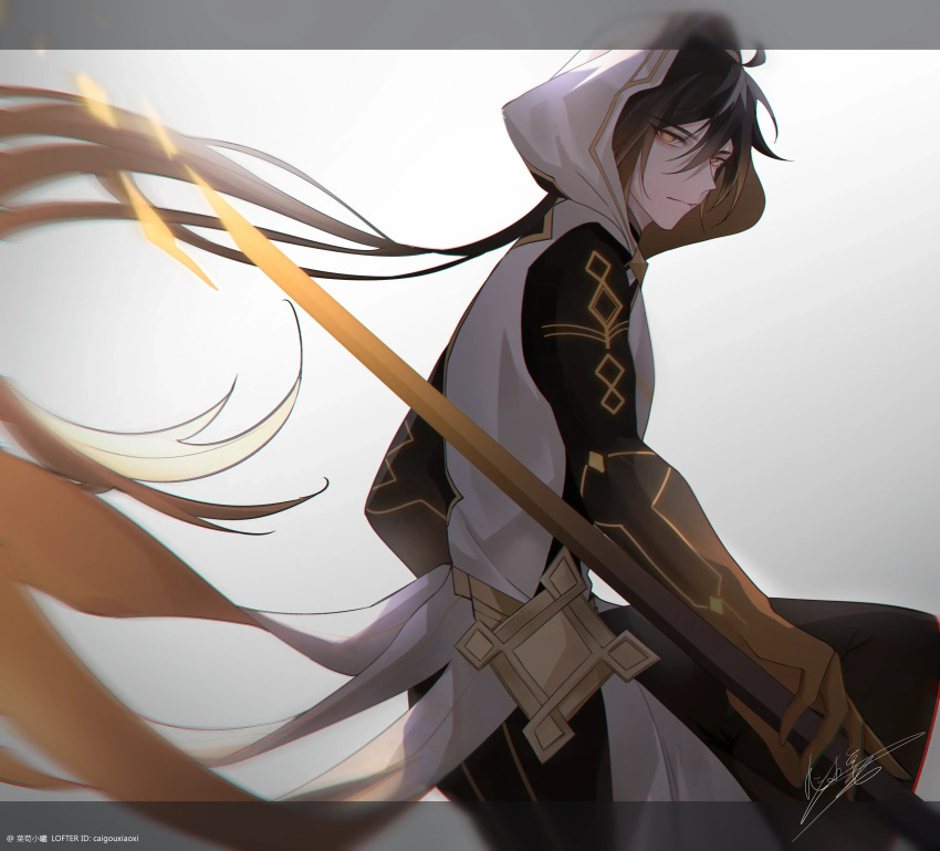 1boy caigouxiaoxi genshin_impact holding holding_weapon lofter lofter_logo long_hair looking_at_viewer official_alternate_costume rex_lapis_(genshin_impact) solo solo_focus vortex_vanquisher_(genshin_impact) weapon zhongli_(archon)_(genshin_impact) zhongli_(genshin_impact)