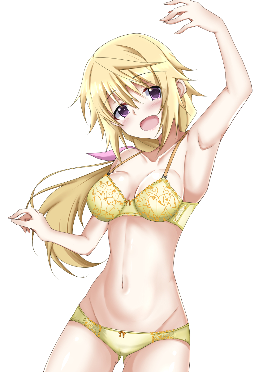 1girl absurdres arm_up blonde_hair bra breasts charlotte_dunois cleavage commentary_request groin hair_ribbon highres infinite_stratos low_ponytail medium_breasts navel panties ponytail purple_eyes ribbon shalu simple_background solo underwear underwear_only white_background yellow_bra yellow_panties