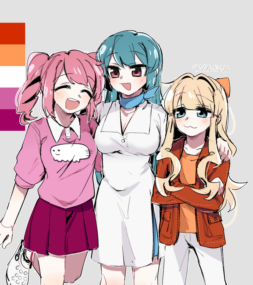 3girls an_sin aqua_hair blonde_hair blue_eyes blush bow breasts cleavage closed_eyes hair_bow hanabishi_haruka hand_on_another&#039;s_shoulder highres jacket large_breasts lesbian_flag long_hair mahou_shoujo_ni_akogarete minakami_sayo multiple_girls open_mouth pink_hair shirt shoes simple_background skirt smile sneakers t-shirt teeth tenkawa_kaoruko twintails upper_teeth_only white_background