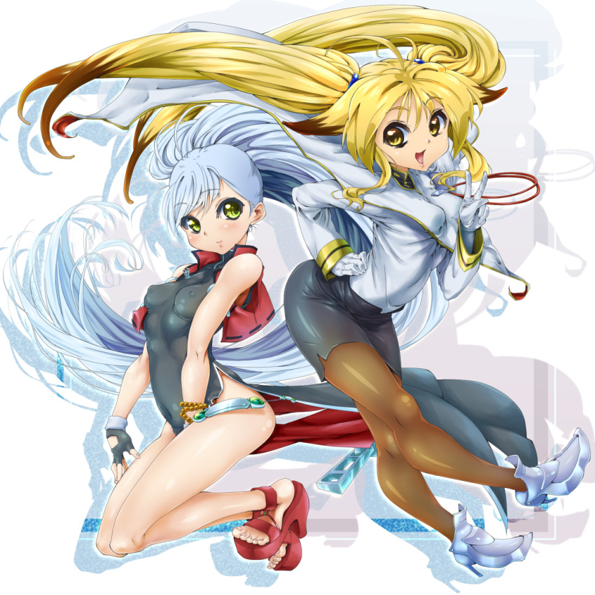 2girls black_skirt blonde_hair brown_hair brown_pantyhose china_dress chinese_clothes dress green_eyes grey_hair high_heels hoshino_ruri jacket kidou_senkan_nadesico kounotori_(501465) long_hair looking_at_viewer minami_omi misumaru_yurika multicolored_hair multiple_girls namco_x_capcom nipples pantyhose ponytail project_x_zone skirt sleeveless sleeveless_dress super_robot_wars super_robot_wars_og_saga_mugen_no_frontier twintails two-tone_hair v voice_actor_connection white_jacket xiaomu yellow_background