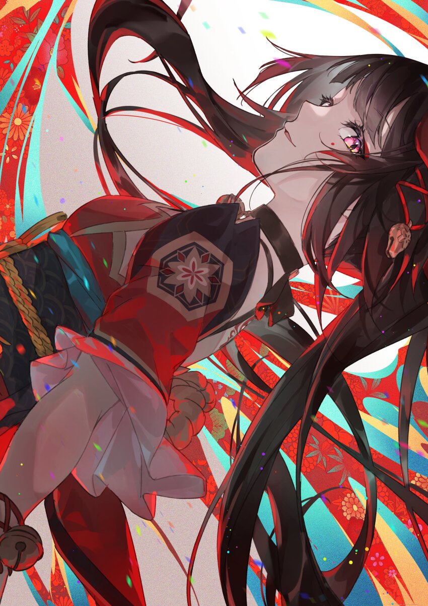 1girl absurdres arm_at_side bare_shoulders bell black_choker bow brown_hair choker dress floating_hair from_side hair_bow highres honkai:_star_rail honkai_(series) long_hair looking_at_viewer neck_bell obi open_mouth pink_eyes red_bow red_dress sash sidelocks sideways sideways_glance simple_background sleeveless sleeveless_dress smile solo sparkle_(honkai:_star_rail) twintails upper_body white_background yama_ta_yomogi