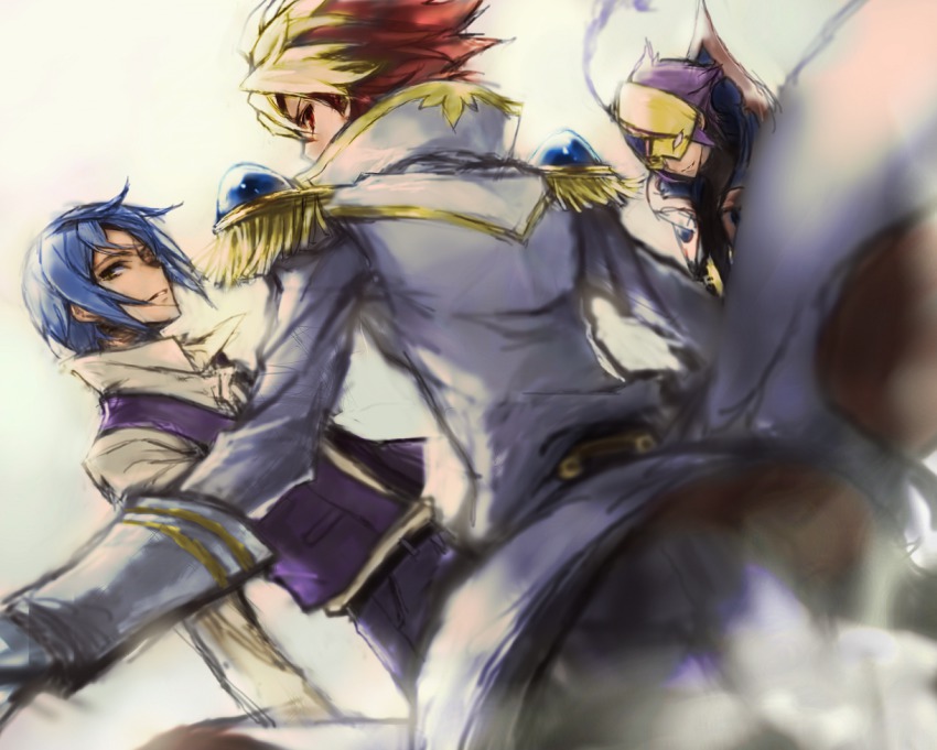 10s 3boys blonde_hair blue_hair c_(rahit) coat dutch_angle colored_bangs epaulettes fabulous male_focus mask miyabi_reiji multicolored_hair multiple_boys purple_hair rahit red_hair shindou_sugata star_driver tsunashi_takuto two-tone_hair