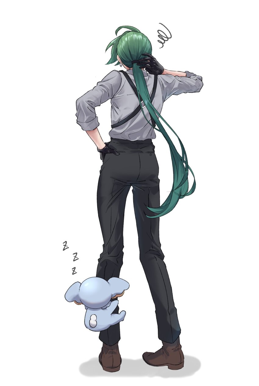 1girl animal_on_leg ass black_gloves black_pants brown_shoes commentary earrings from_behind full_body gao_grrrr gen_7_pokemon gloves green_hair grey_shirt hand_on_own_head hand_on_own_hip highres jewelry komala long_hair nintendo pants pokemon pokemon_on_leg pokemon_sv ponytail rika_(pokemon) shirt shirt_tucked_in shoes simple_background solo squiggle standing suspenders white_background zzz