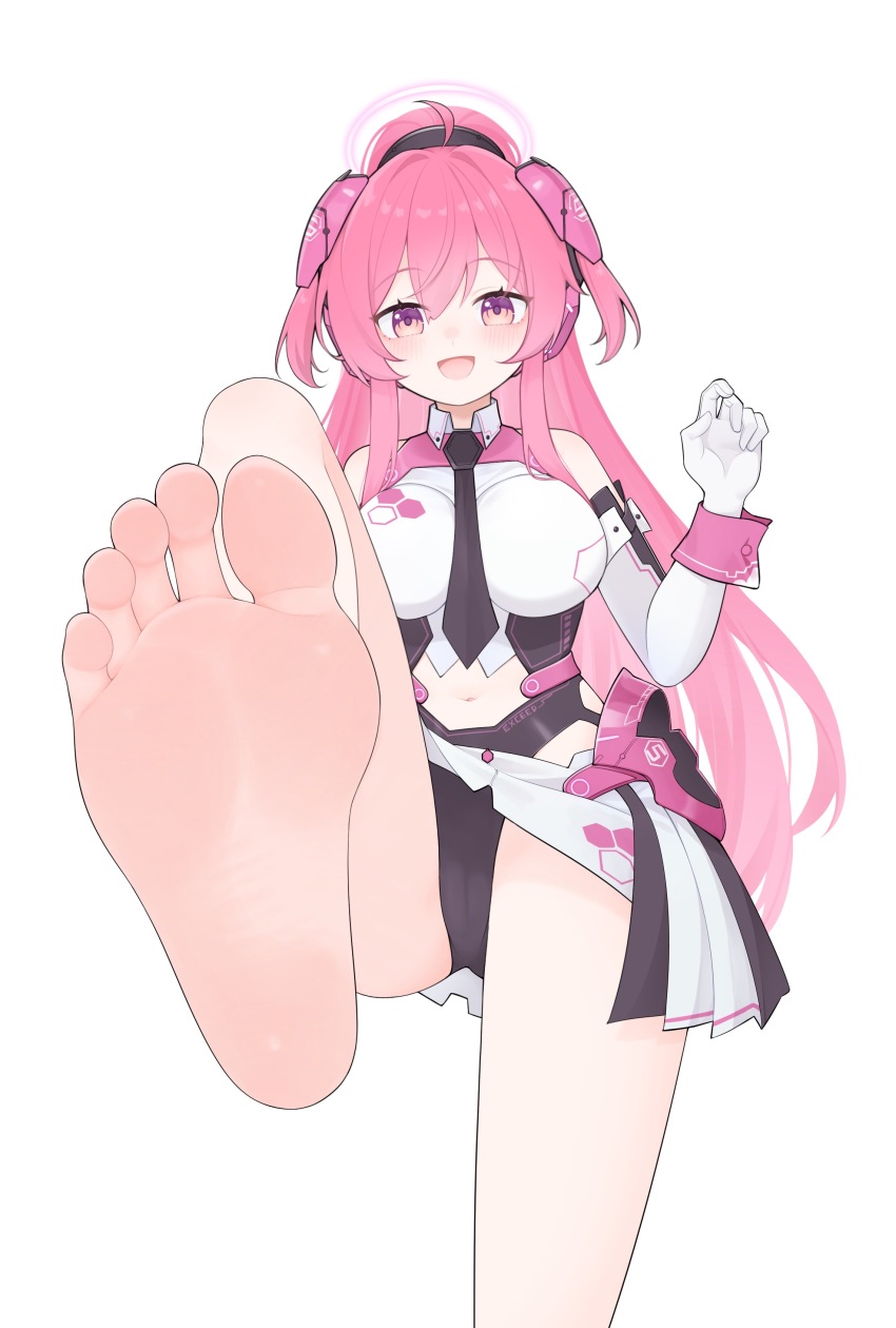 1girl :d absurdres ahoge bare_shoulders barefoot bemani black_necktie black_panties breasts cameltoe collared_shirt commission elbow_gloves feet foot_focus foot_up foreshortening gloves hair_between_eyes hair_ornament hand_up highres impossible_clothes large_breasts long_hair looking_at_viewer necktie open_mouth panties pink_eyes pink_hair pink_wrist_cuffs pixiv_commission pleated_skirt rasis shirt sidelocks skirt smile soles solo sound_voltex thighs toes underwear very_long_hair white_gloves wl217_(nicexa111) wrist_cuffs