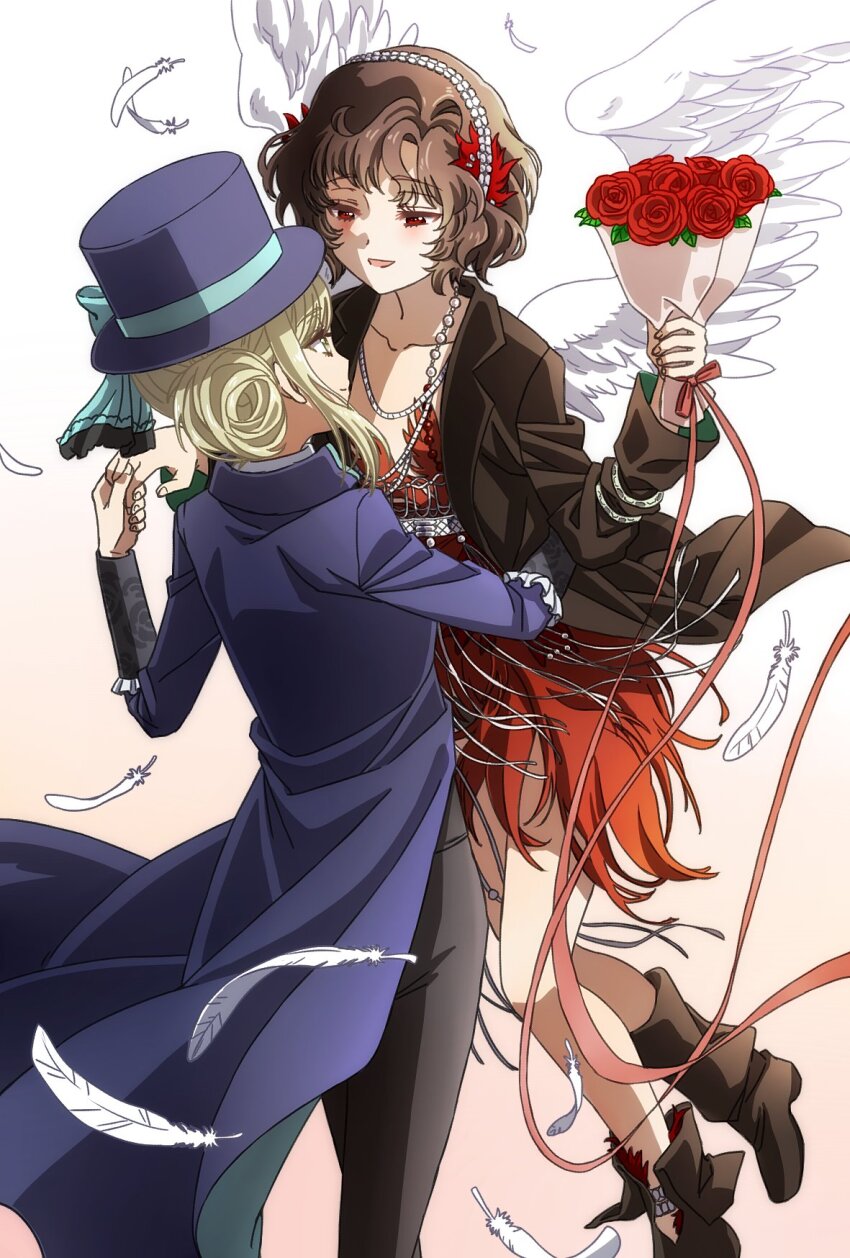 2girls :d ankle_boots arm_around_waist black_boots black_coat black_hair black_pants blue_bow boots bouquet bow coat dress eye_contact face-to-face falling_feathers feather_dress feather_hair_ornament feathered_wings feathers feet_out_of_frame flower gradient_background grey_hair hair_bun hair_ornament hairband hat hat_bow highres holding holding_bouquet holding_hands jewelry looking_at_another multiple_girls necklace oiun open_mouth pants pearl_necklace pink_background profile purple_coat purple_hat red_feathers red_flower red_rose reverse:1999 rose schneider_(reverse:1999) short_dress short_hair single_side_bun smile top_hat vertin_(reverse:1999) white_background white_hairband white_wings wings yuri