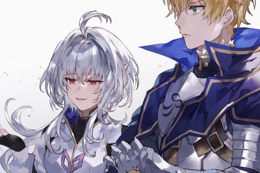 1boy 1girl antenna_hair aqua_eyes armor arthur_pendragon_(fate) black_gloves blonde_hair blue_cape cape commentary_request expressionless fate/grand_order fate/prototype fate_(series) fingerless_gloves frown gauntlets gloves grey_hair hair_intakes merlin_(fate/prototype) pink_eyes pointy_ears smile waltz_(tram)