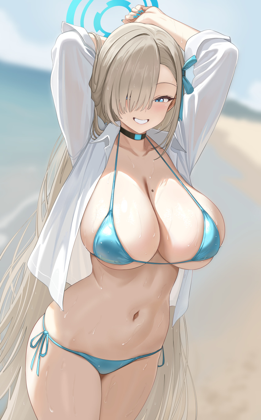 1girl absurdly_long_hair absurdres arms_up asuna_(blue_archive) beach bikini black_choker blonde_hair blue_archive blue_bikini blue_eyes blue_halo breasts choker cleavage collarbone commentary cowboy_shot grin halo highres huge_breasts jinpaitugounan long_hair midriff mole mole_on_breast navel open_clothes open_shirt shirt side-tie_bikini_bottom smile solo swimsuit thighs very_long_hair wet white_shirt