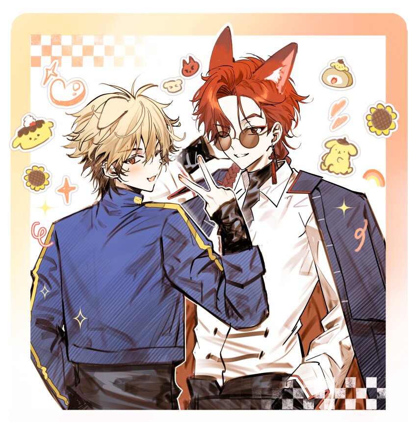 2boys absurdres animal animal_ears black_hair black_jacket black_pants black_shirt blonde_hair blue_jacket border braid braided_ponytail collared_shirt dog_boy dog_ears ear_piercing earrings eugenia_skeeter fang flower fox_boy fox_ears gloves grin hand_in_pocket hand_up heart highres jacket jacket_on_shoulders jewelry kemonomimi_mode long_hair long_sleeves looking_at_viewer looking_back male_focus multicolored_hair multiple_boys one_eye_closed open_mouth orange_eyes pants piercing pompompurin red_eyes red_hair round_eyewear sanrio shiguang_dailiren shirt short_hair single_braid sleeves_past_wrists smile sparkle sticker sunflower sunglasses tassel tassel_earrings turtleneck v white_shirt xia_fei xiao_weiying yaoi