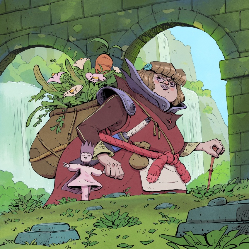 2girls arch bag blunt_bangs brown_hair cane cape carrot dress fantasy flower glasses grandma grass hair_flower hair_ornament headpiece highres holding_hands migamigami multiple_girls nature on_grass open_bag original rock sheath sheathed size_difference stone_bridge sword water waterfall weapon white_flower