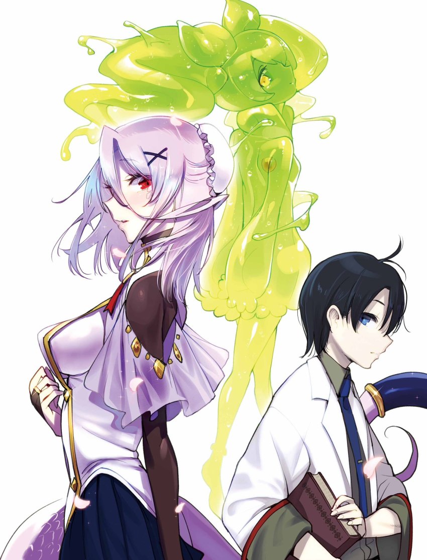 1boy 2girls ahoge albino black_hair blue_eyes book breasts closed_mouth coat colored_skin commentary_request cover cover_page from_side glenn_litbeit green_skin hair_ornament highres holding holding_book lamia large_breasts lime_(monster_musume_no_oisha-san) long_hair monster_girl monster_musume_no_oisha-san multiple_girls novel_cover novel_illustration official_art open_mouth parted_lips purple_hair red_eyes saphentite_neikes scales simple_background slime_girl standing textless_version twintails white_background white_coat x_hair_ornament yellow_eyes z-ton