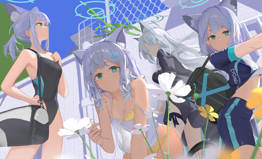 4girls absurdres alternate_costume animal_ear_fluff animal_ears aqua_eyes aqua_halo bike_shorts black_bag black_dress black_one-piece_swimsuit blue_archive blue_shorts blue_sky blurry bra bra_slip chain-link_fence closed_mouth commentary_request cross_hair_ornament depth_of_field dress earphones expressionless fence flower grey_hair hair_ornament halo highres holding holding_earphones holding_strap long_hair looking_at_viewer looking_up mismatched_pupils multiple_girls official_alternate_costume one-piece_swimsuit outdoors panties ponytail shiroko_(blue_archive) shiroko_(cycling)_(blue_archive) shiroko_(swimsuit)_(blue_archive) shiroko_terror_(blue_archive) shirt short_ponytail shorts sky standing strap_slip swimsuit syanic1 underwear white_flower white_shirt wolf_ears yellow_bra yellow_panties