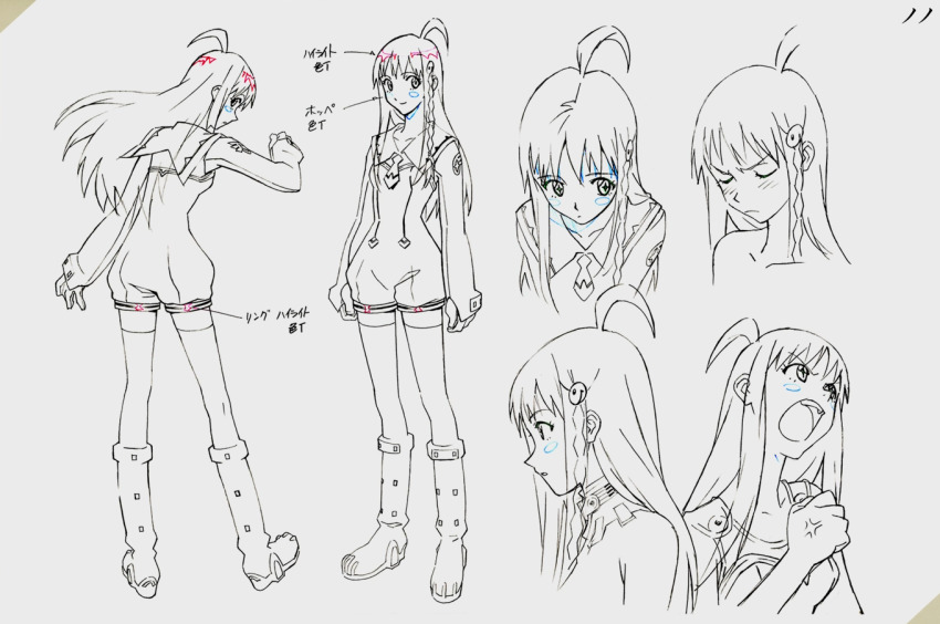 1girl 2000s_(style) boots reference_sheet gainax greyscale long_hair monochrome multiple_views nono_(top_wo_nerae_2!) notes official_art production_art sadamoto_yoshiyuki top_wo_nerae!_(series) top_wo_nerae_2! traditional_media
