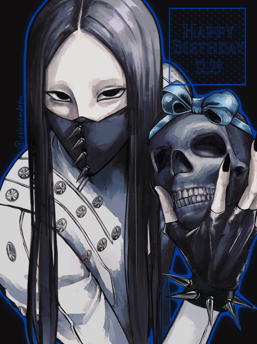 1boy artist_name as_nodt black_background black_eyes black_hair black_mask bleach bleach:_sennen_kessen-hen bracelet fingerless_gloves fingernails gloves happy_birthday highres holding holding_skull jewelry long_hair looking_at_viewer male_focus mask mouth_mask osirichandayoo quincy_(bleach) sharp_fingernails simple_background skull solo spiked_bracelet spiked_mask spikes sternritter