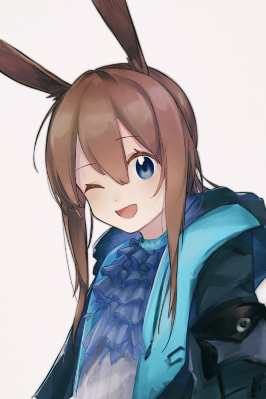 1girl ;d amiya_(arknights) animal_ears arknights ascot black_jacket blue_ascot blue_collar blue_eyes brown_hair collar commentary_request grey_background hair_between_eyes highres jacket looking_at_viewer medium_hair o_eeee_o one_eye_closed open_clothes open_jacket open_mouth partial_commentary sidelocks simple_background smile solo
