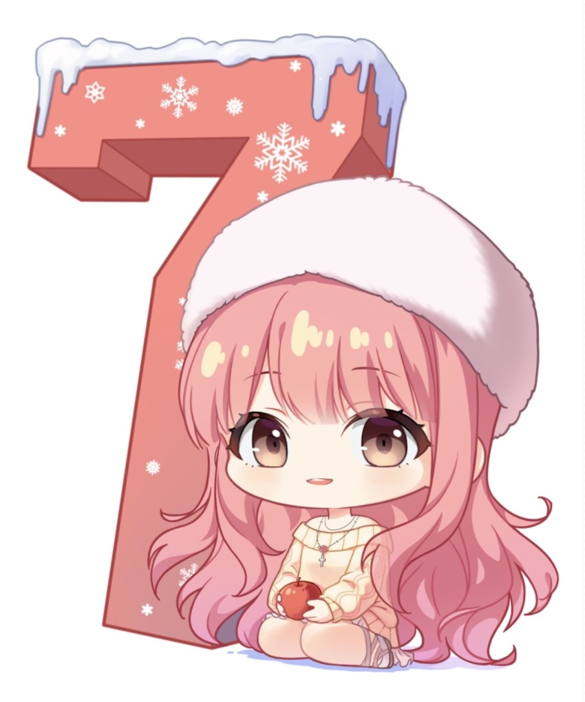 1girl ankle_ribbon apple bare_shoulders beret blunt_bangs brown_eyes chibi chinese_commentary commentary_request countdown_illustration cross cross_necklace eyelashes food fruit fur_hat hat highres holding holding_food holding_fruit ikur jewelry kneeling leg_ribbon light_blush long_hair long_sideburns long_sleeves looking_at_viewer mary_janes miniskirt miracle_nikki necklace nikki_(nikki) nikki_(series) off-shoulder_sweater off_shoulder open_mouth pink_hair pleated_skirt puffy_long_sleeves puffy_sleeves ribbon second-party_source shadow shoes sideburns simple_background skirt sleeves_past_wrists smile snow snowflakes solo sweater tareme teeth upper_teeth_only very_long_hair wavy_hair white_background white_hat white_ribbon white_shoes white_skirt winter_miracle_(miracle_nikki) yellow_sweater
