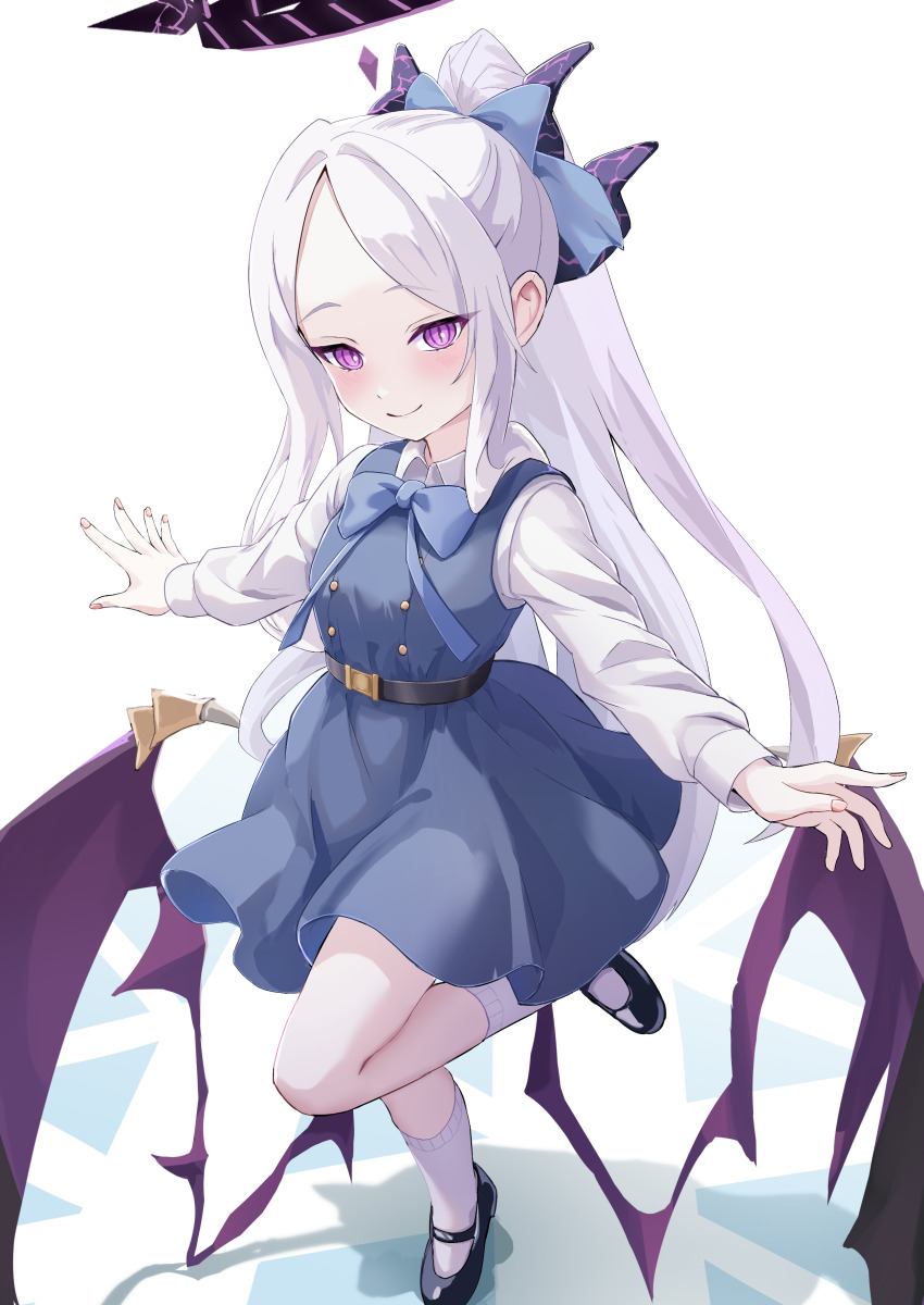 1girl absurdres ahoge alternate_costume alternate_hairstyle belt black_belt blue_archive blue_bow blue_bowtie bow bowtie buttons casual commentary_request demon_girl demon_horns demon_wings dress forehead full_body hair_bow hair_ribbon halo highres hina_(blue_archive) horns long_hair long_sleeves looking_at_viewer outstretched_arms parted_bangs pinafore_dress ponytail purple_eyes ribbon sidelocks simple_background sleeveless sleeveless_dress smile solo spread_arms standing standing_on_one_leg teritama_(teritama_house) wavy_hair white_background white_hair wings
