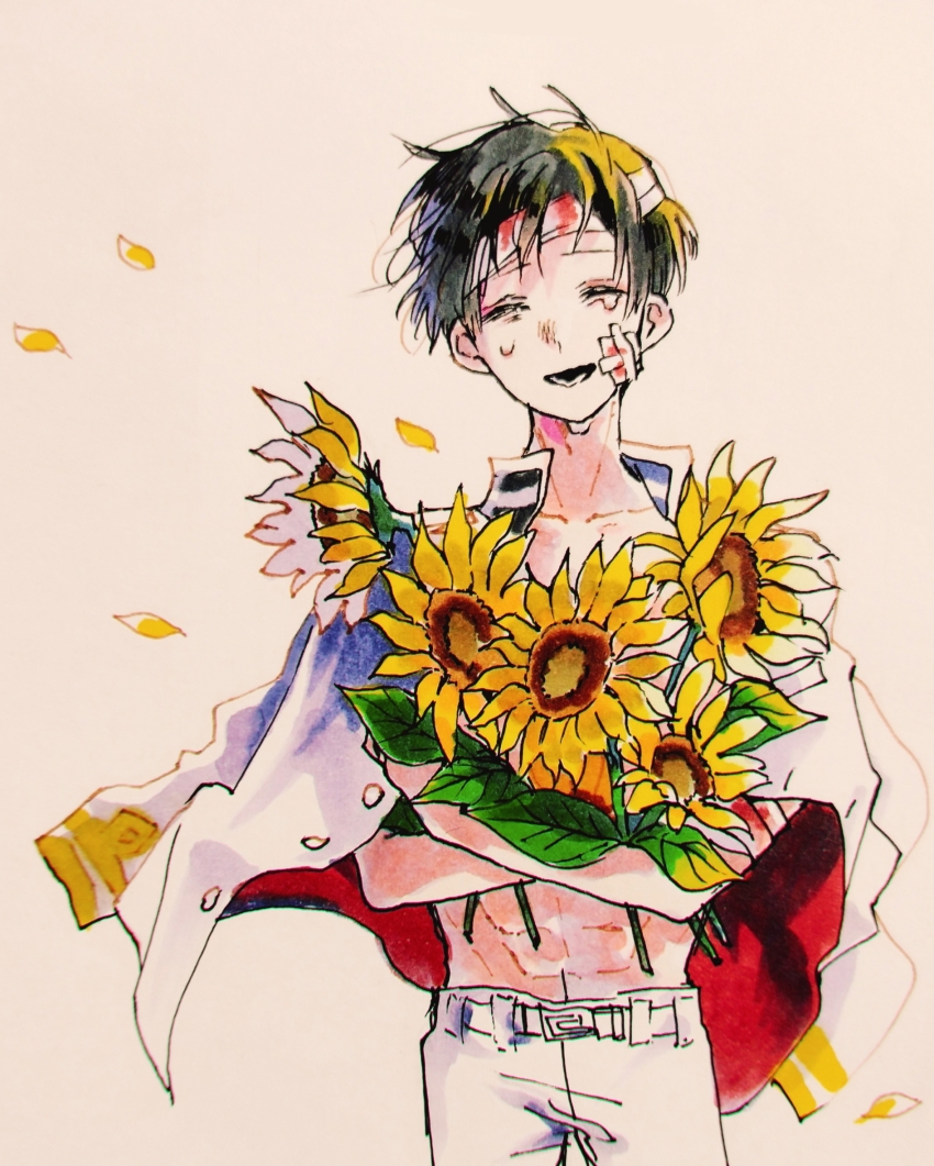 1boy axis_powers_hetalia bandaged_head bandages belt black_hair blood blue_jacket buttons closed_eyes commentary_request cowboy_shot crying facing_viewer flower gauze gauze_on_cheek highres holding holding_flower jacket jacket_on_shoulders japan_(hetalia) leaf male_focus naked_jacket open_mouth pants petals short_hair simple_background smile solo sunflower tears ueei white_background white_belt white_pants yellow_flower