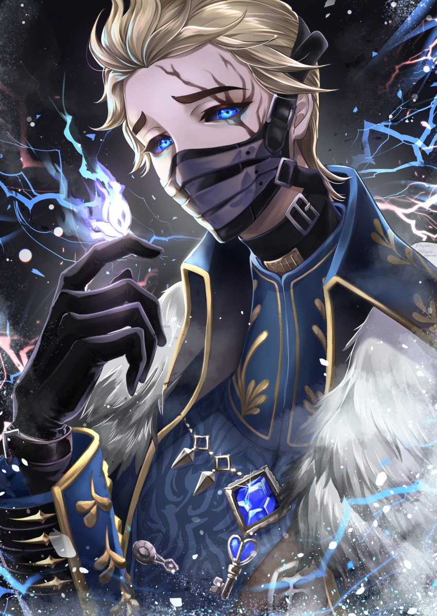 1boy absurdres alva_lorenz alva_lorenz_(warden) animal animal_on_hand annojou_haruto black_gloves black_sclera black_shirt blonde_hair blue_cape blue_eyes blue_gemstone blue_jacket bug cape collared_cape colored_sclera electricity facial_mark fur-trimmed_cape fur_trim gem glint gloves hair_slicked_back highres identity_v insect jacket key key_necklace looking_at_viewer male_focus mask moth mouth_mask necklace official_alternate_costume shirt short_hair snow solo upper_body