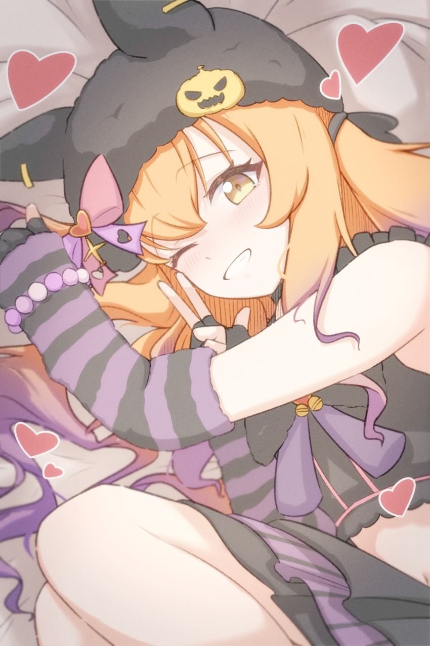 1girl animal_earrings animal_ears arm_warmers bead_bracelet beads black_shirt black_skirt blush bow bracelet commentary crop_top detached_sleeves emo_fashion fingerless_gloves gloves grin hat hat_bow heart highres horse_ears horse_girl jewelry k0me long_hair looking_at_viewer low_twintails lying mayano_top_gun_(rockin&#039;_mewmeow)_(umamusume) mayano_top_gun_(umamusume) midriff multicolored_hair navel official_alternate_costume official_alternate_hairstyle on_bed on_side one_eye_closed orange_hair pumpkin_hat_ornament punk purple_hair purple_skirt purple_sleeves shirt skirt sleeveless sleeveless_shirt smile solo striped_clothes striped_gloves striped_skirt striped_sleeves twintails two-tone_hair umamusume v vertical-striped_clothes vertical-striped_skirt