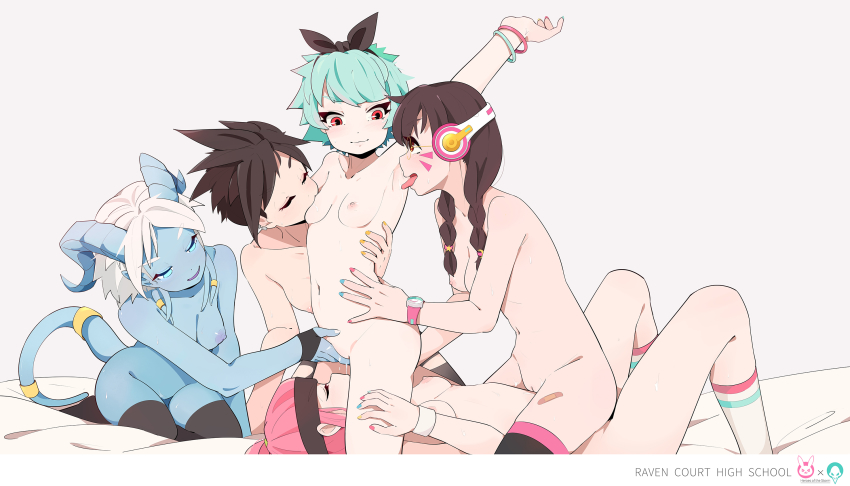 5girls aqua_hair arm_up armpits bandaid bandaid_on_leg black_bow black_hairband black_headband black_legwear blue_eyes blue_nails blue_skin bow bracelet braid breast_sucking breasts brown_eyes brown_hair character_request closed_eyes closed_mouth collarbone colored_nipples colored_skin commentary_request cunnilingus d.va_(overwatch) draenei dripping ear_piercing english_text facial_mark fingering girl_on_top glasses hair_bow hairband hand_on_another&#039;s_thigh hand_on_another&#039;s_waist headband headphones highres horns jewelry kneeling licking licking_armpit long_hair looking_at_another lying medium_breasts multicolored_nails multiple_girls nail_polish navel nipples nude on_back oral overwatch overwatch_1 piercing pink_hair pink_nails profile purple_nipples pussy pussy_juice red_eyes saliva seiza short_hair simple_background sitting skindentation small_breasts smile socks spiked_hair star-kiss straddling striped_legwear sweat tail teamwork thighhighs tongue tongue_out tracer_(overwatch) twin_braids uncensored warcraft watch white_background white_hair white_legwear white_nails wristwatch yellow_nails yuri