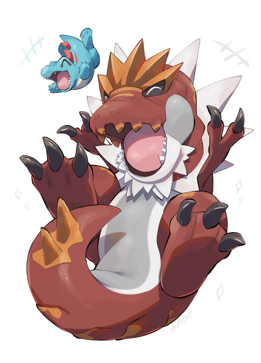 absurdres black_claws claws closed_eyes dinosaur fangs full_body gen_2_pokemon gen_6_pokemon highres nintendo no_humans nullma open_mouth pokemon pokemon_(creature) pokemon_focus sharp_teeth simple_background skin_fangs smile tail teeth totodile tyrannosaurus_rex tyrantrum white_background white_fur