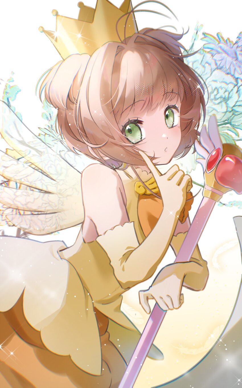 1girl absurdres antenna_hair blunt_bangs brown_hair cardcaptor_sakura commentary_request crown dress dutch_angle elbow_gloves flower gloves green_eyes hair_intakes highres holding holding_wand kinomoto_sakura kinomoto_sakura_(miraculous_sakura) looking_at_viewer mapmap short_hair sleeveless solo wand wings yellow_dress