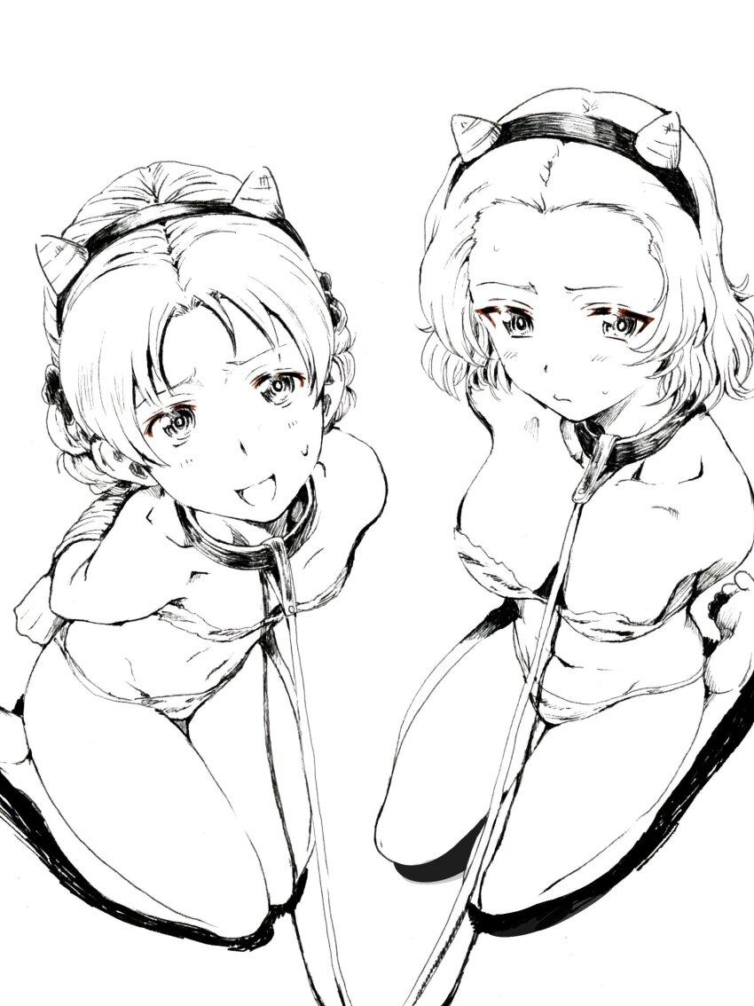 2girls arms_behind_back barefoot bikini braid breasts cleavage collar collarbone cosplay from_above girls_und_panzer groin headband highres kneeling leash legs_together looking_at_viewer looking_up medium_breasts medium_hair multiple_girls navel orange_pekoe_(girls_und_panzer) restrained rosehip_(girls_und_panzer) sawamin small_breasts sweatdrop swimsuit tareme tsurime
