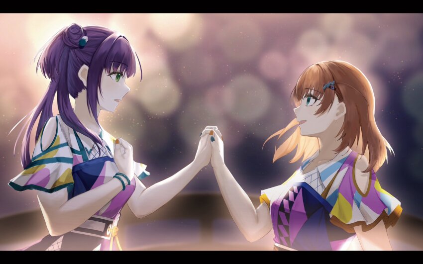 2girls :d aqua_eyes blue_dress blue_nails blurry blurry_background bokeh bridge cerise_bouquet clothing_cutout collarbone collared_dress commentary crossed_bangs cube_hair_ornament depth_of_field dress eye_contact genyo_yako green_eyes hair_bun hair_ornament hairclip highres hinoshita_kaho holding_hands interlocked_fingers letterboxed light_particles link!_like!_love_live! long_hair looking_at_another love_live! medium_hair michisato multicolored_dress multiple_girls nail_polish official_alternate_costume open_mouth orange_hair orange_nails otomune_kozue outdoors profile purple_dress purple_hair short_sleeves shoulder_cutout side_ponytail sidelocks single_side_bun smile two_side_up upper_body virtual_youtuber white_dress