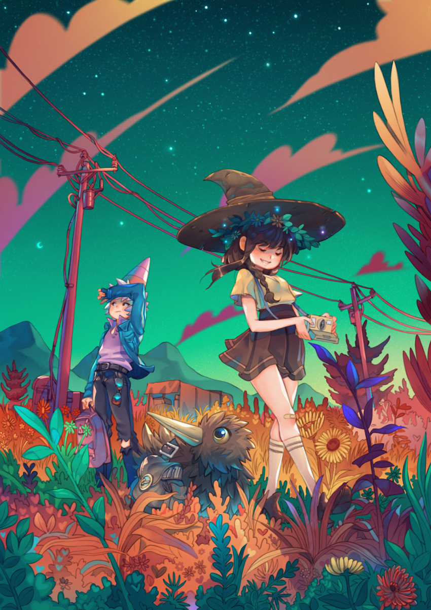 1boy 1girl bag belt bird black_pants blue_jacket box_truck braid braided_ponytail brown_hair brown_hat brown_ribbon brown_shoes brown_skirt camera closed_eyes closed_mouth cloud commentary flower grass hair_over_shoulder hat hat_ribbon high-waist_skirt highres holding holding_bag holding_camera jacket kiwi_(bird) laurel_crown long_hair looking_to_the_side motor_vehicle mountainous_horizon original outdoors pants pink_hair pink_shirt power_lines ribbon shading_eyes shirt shoes short_hair short_sleeves shoulder_strap sidelocks simz skirt sky socks standing star_(sky) starry_sky sunflower sunglasses torn_clothes torn_pants traffic_cone_on_head transformer tree truck unworn_eyewear utility_pole walking white_socks witch_hat yellow_shirt