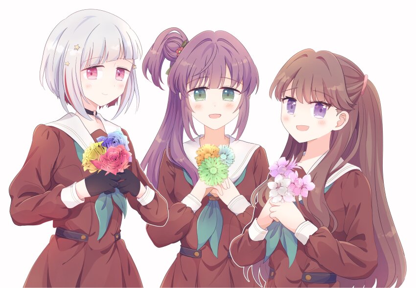 3girls :d absurdres aqua_neckerchief black_choker blue_flower blue_rose blush bob_cut brown_dress brown_hair choker closed_mouth colored_inner_hair commentary_request diagonal_bangs dress flower flower_stand_art fujishima_megumi gerbera green_eyes green_flower hair_bun hair_intakes hair_ornament hasu_no_sora_school_uniform highres holding holding_flower inverted_bob link!_like!_love_live! long_hair long_sleeves looking_at_viewer love_live! multicolored_hair multiple_girls neckerchief o-ring o-ring_choker open_mouth orange_flower otomune_kozue pink_flower pleated_dress purple_eyes purple_flower purple_hair red_flower red_hair red_rose rose sailor_collar sailor_dress school_uniform short_hair side_ponytail sidelocks simple_background single_side_bun smile star_(symbol) star_hair_ornament streaked_hair two_side_up virtual_youtuber watage_modoki white_background white_flower white_hair white_sailor_collar winter_uniform yellow_flower yellow_rose yugiri_tsuzuri